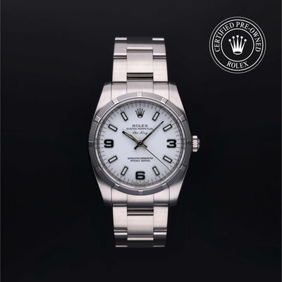 Rolex Certified Pre-owned Air-King M114210-0003 front on black background