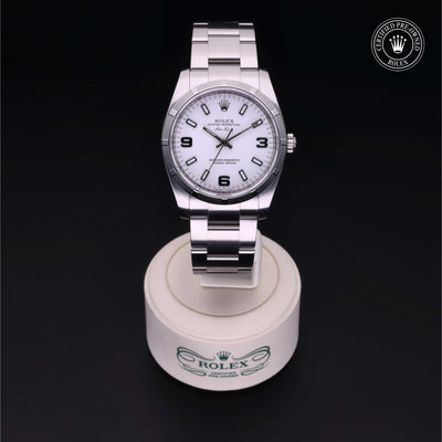 Rolex Certified Pre-owned Air-King M114210-0003 front on black background