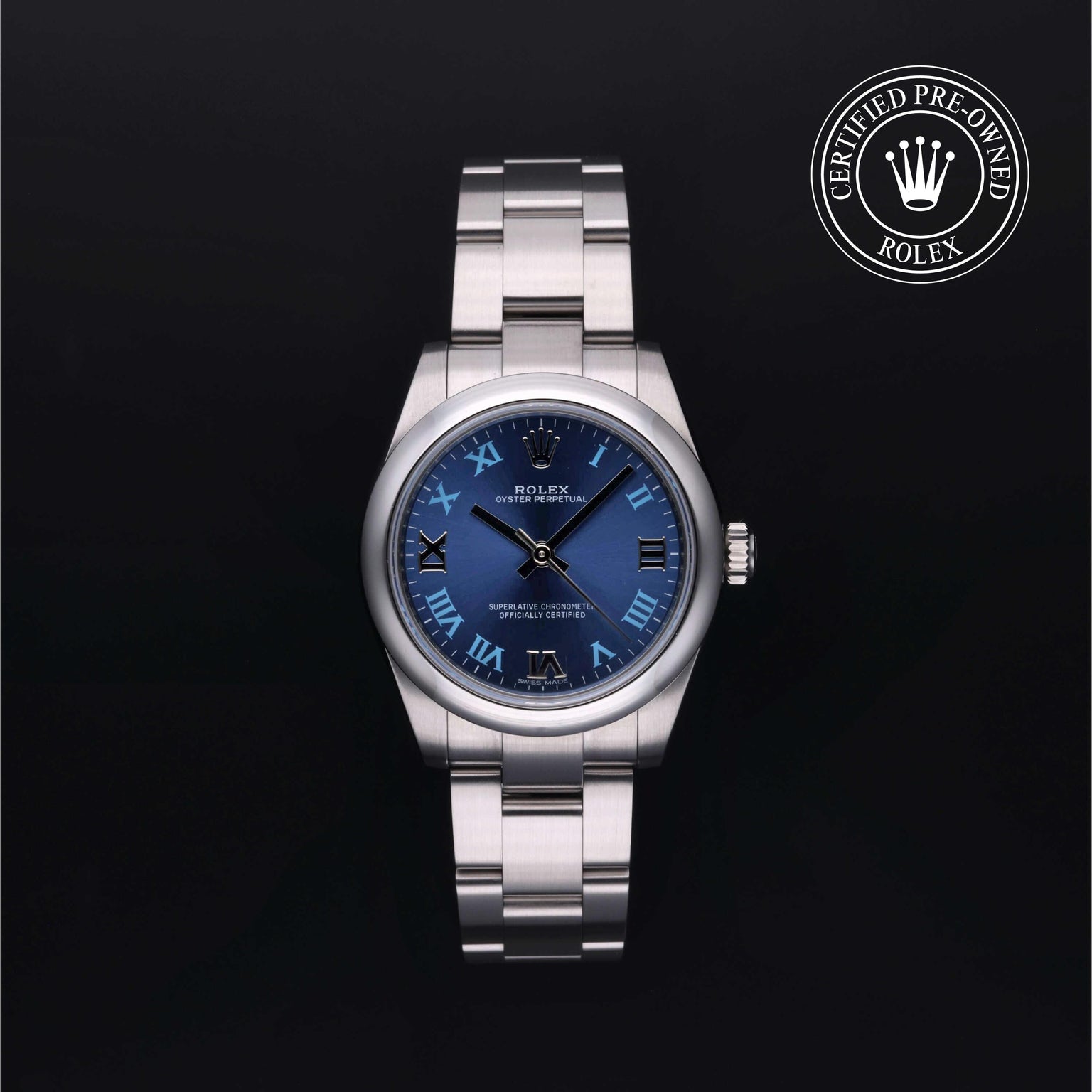 Rolex Certified Pre-owned Oyster Perpetual M177200-0015 front on black background