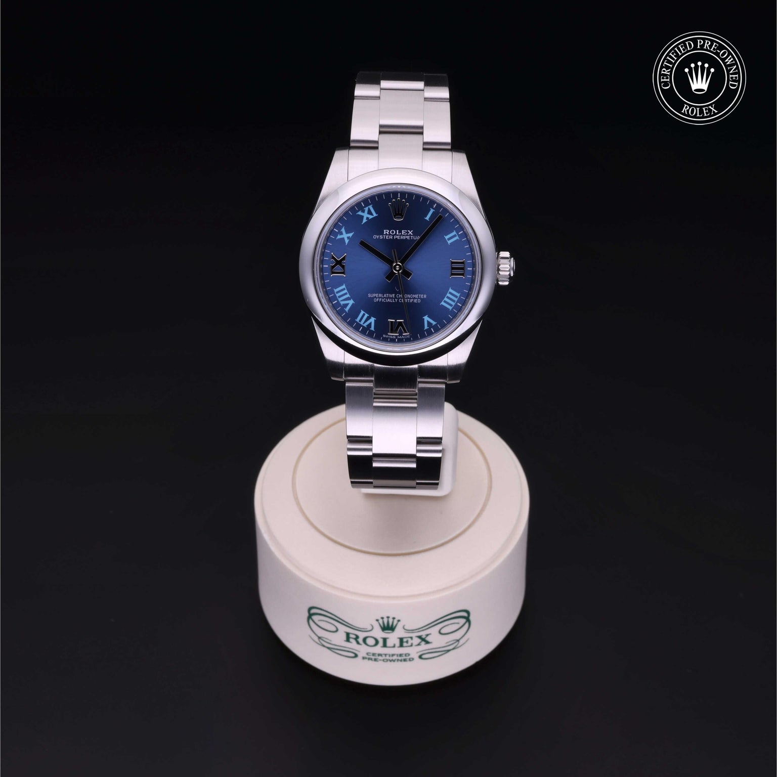 Rolex Certified Pre-owned Oyster Perpetual M177200-0015 front on black background