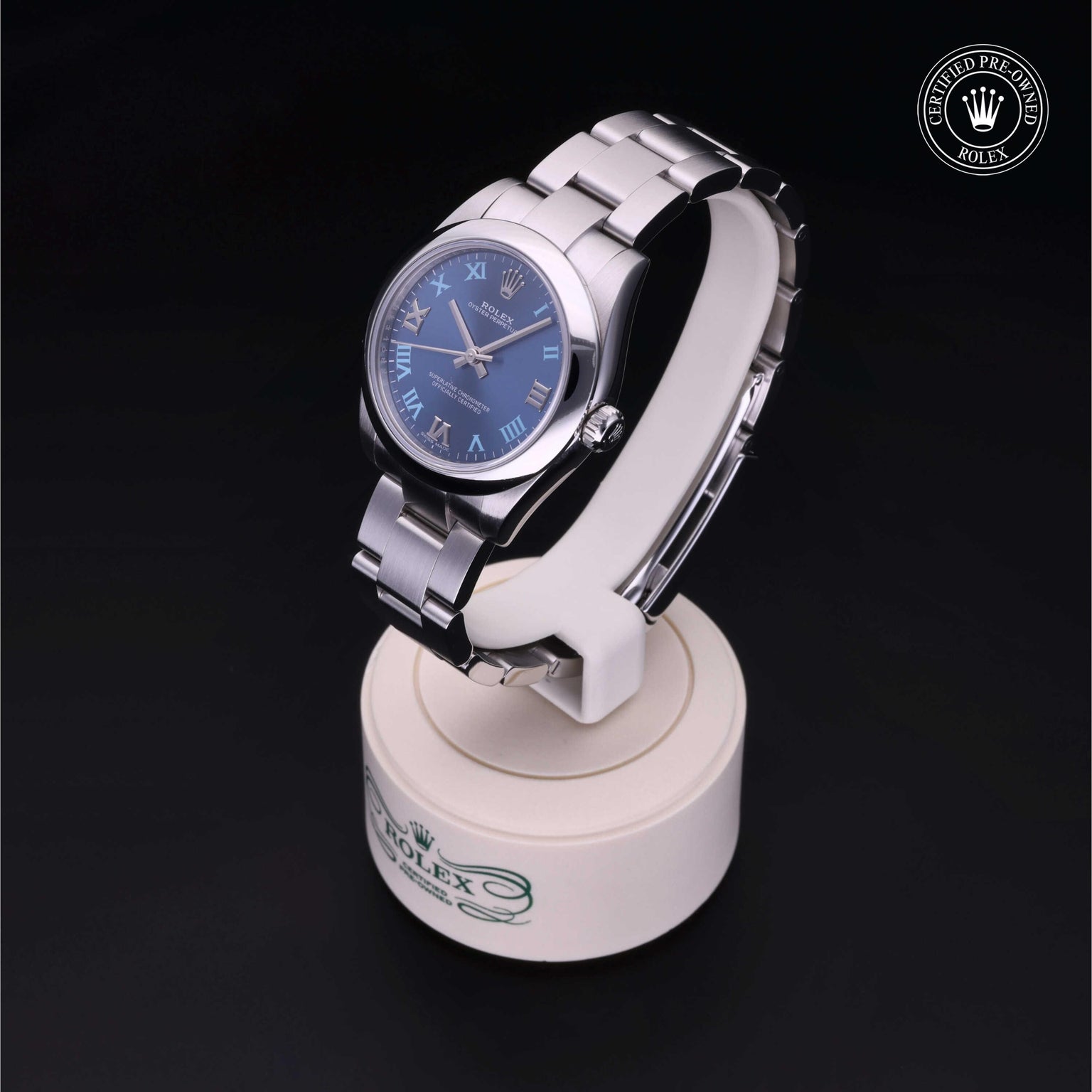 Rolex Certified Pre-owned Oyster Perpetual M177200-0015 front on black background