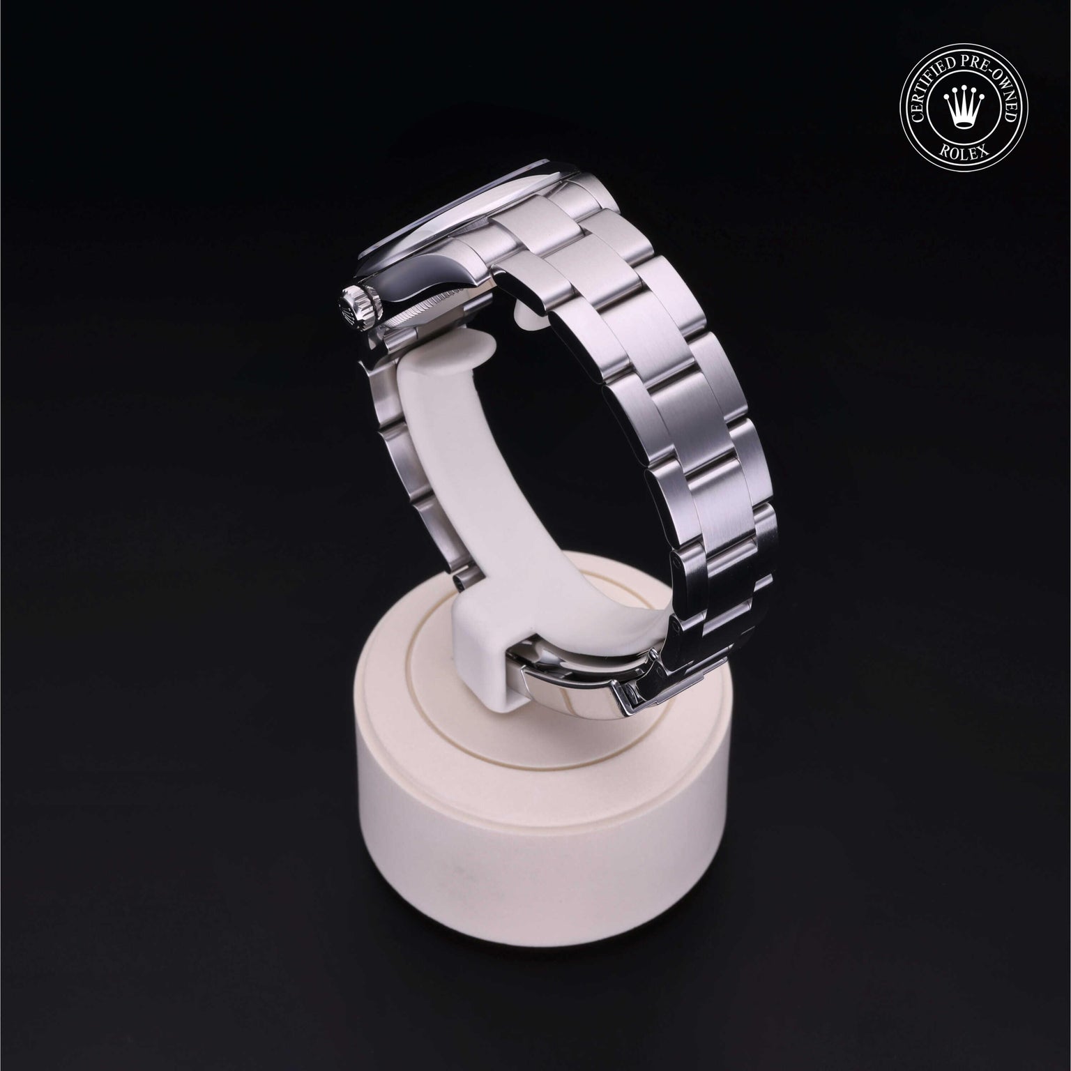 Rolex Certified Pre-owned Oyster Perpetual M177200-0015 front on black background