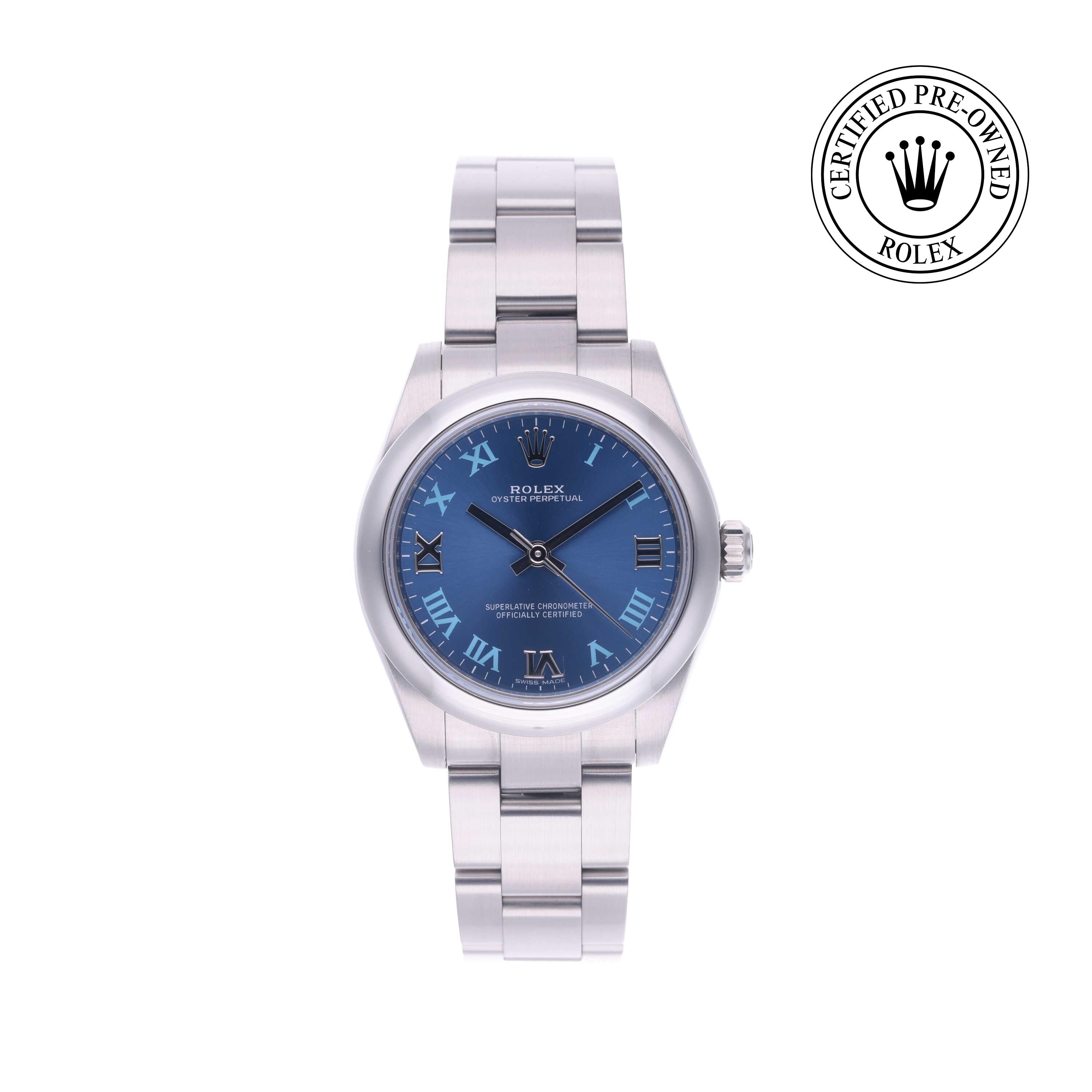 Rolex Certified Pre-owned Oyster Perpetual M177200-0015 front on white background