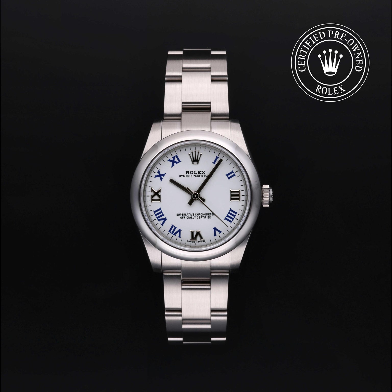 Rolex Certified Pre-owned Oyster Perpetual M177200-0016 front on black background