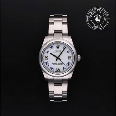 Rolex Certified Pre-owned Oyster Perpetual M177200-0016 front on black background