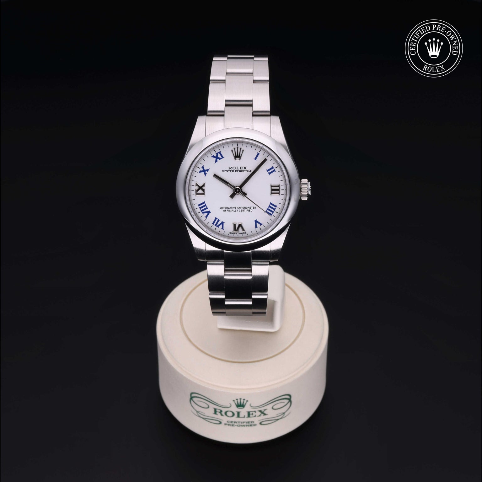 Rolex Certified Pre-owned Oyster Perpetual M177200-0016 front on black background
