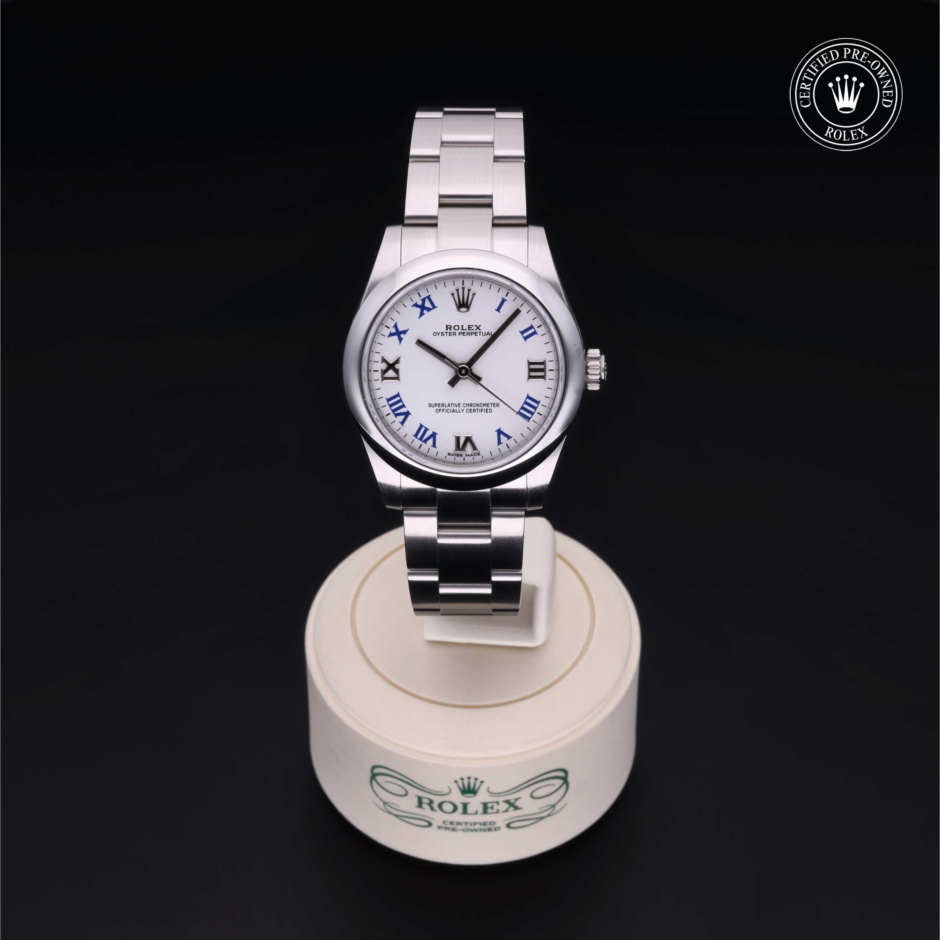 Rolex Certified Pre-owned Oyster Perpetual M177200-0016 front on black background