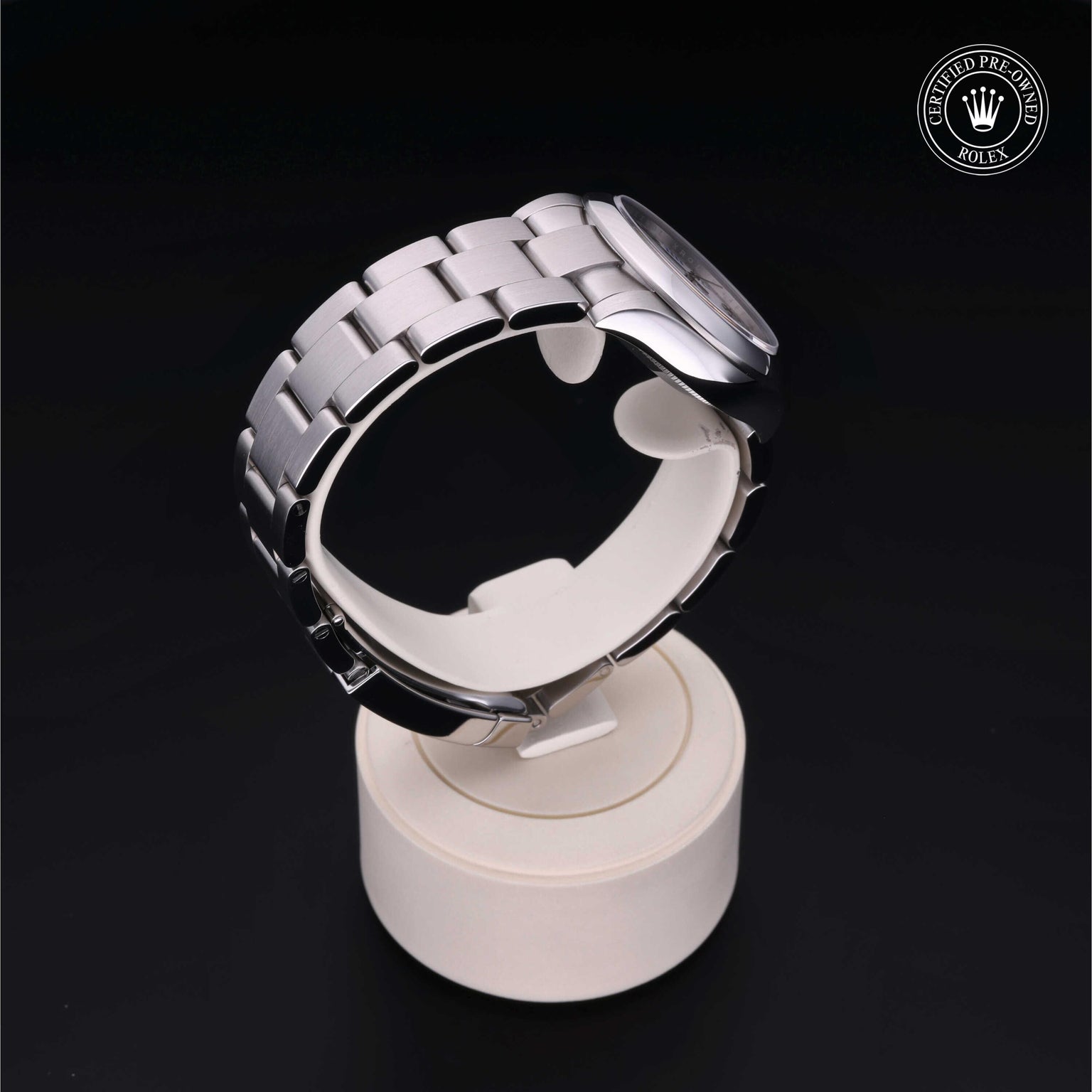 Rolex Certified Pre-owned Oyster Perpetual M177200-0016 front on black background