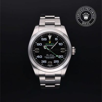Rolex Certified Pre-owned Air-King M116900-0001 front on black background
