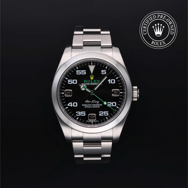 Rolex Certified Pre-owned Air-King M116900-0001 front on black background