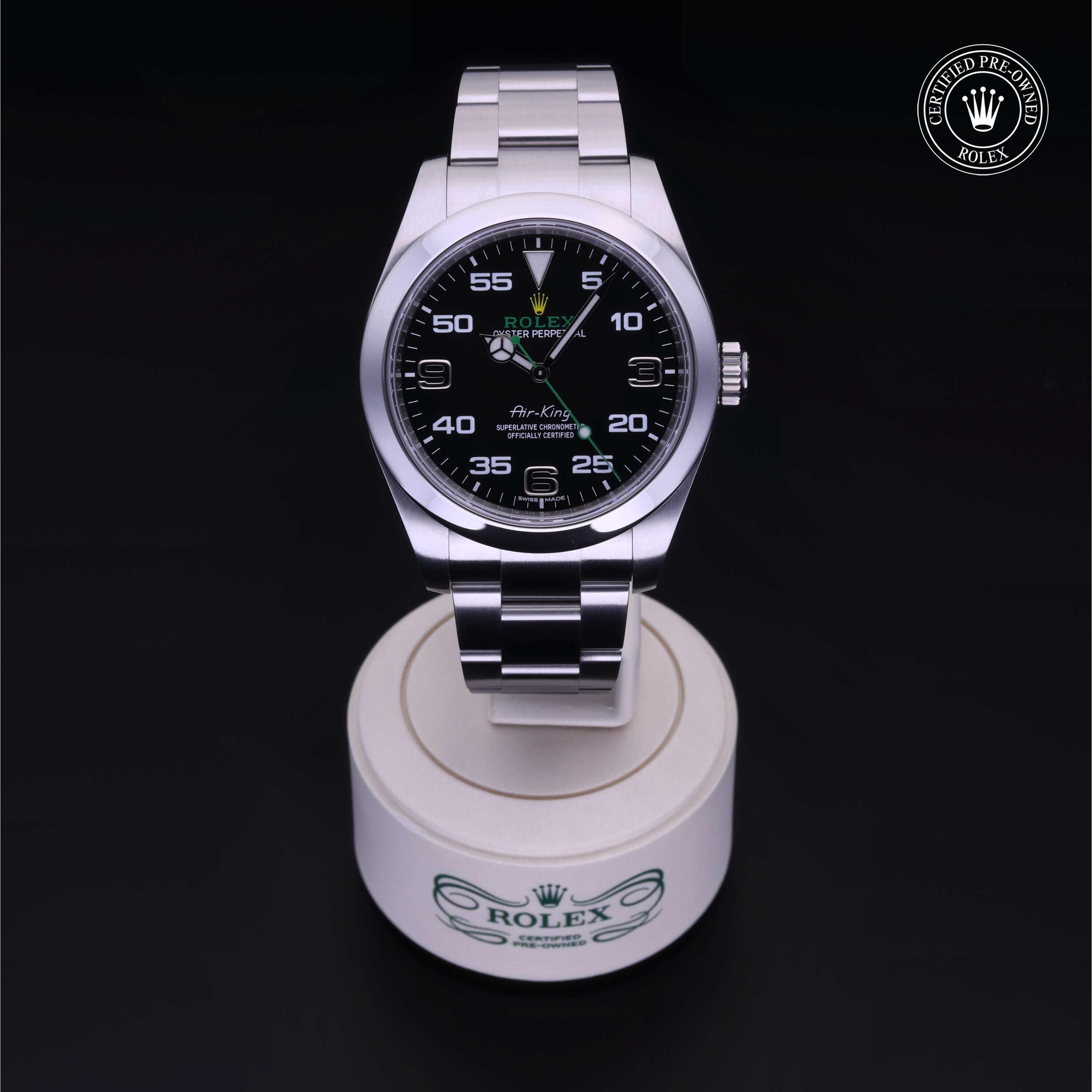 Rolex Certified Pre-owned Air-King M116900-0001 front on black background