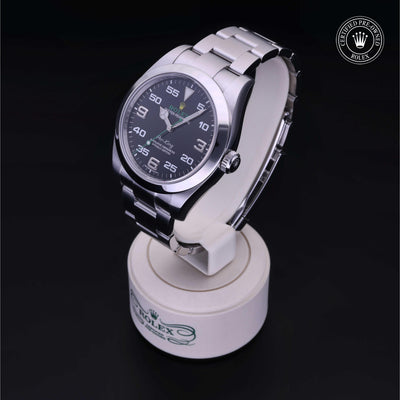 Rolex Certified Pre-owned Air-King M116900-0001 front on black background