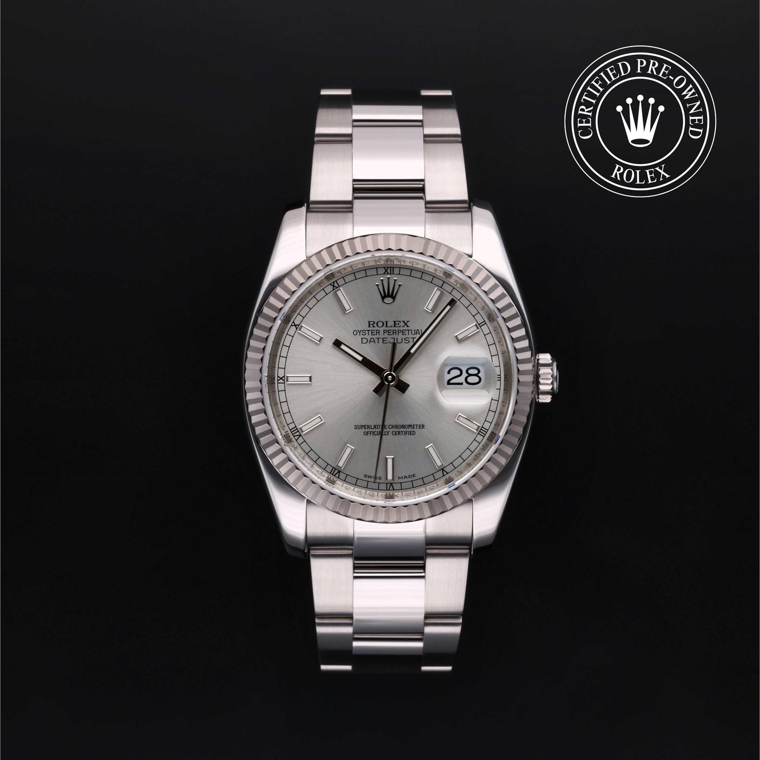 Rolex Certified Pre-owned Datejust M116234-0084 front on black background