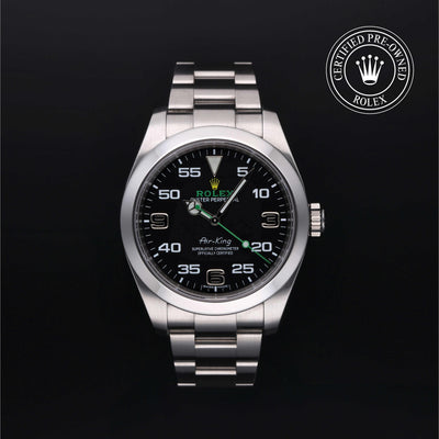 Rolex Certified Pre-owned Air-King M116900-0001 front on black background