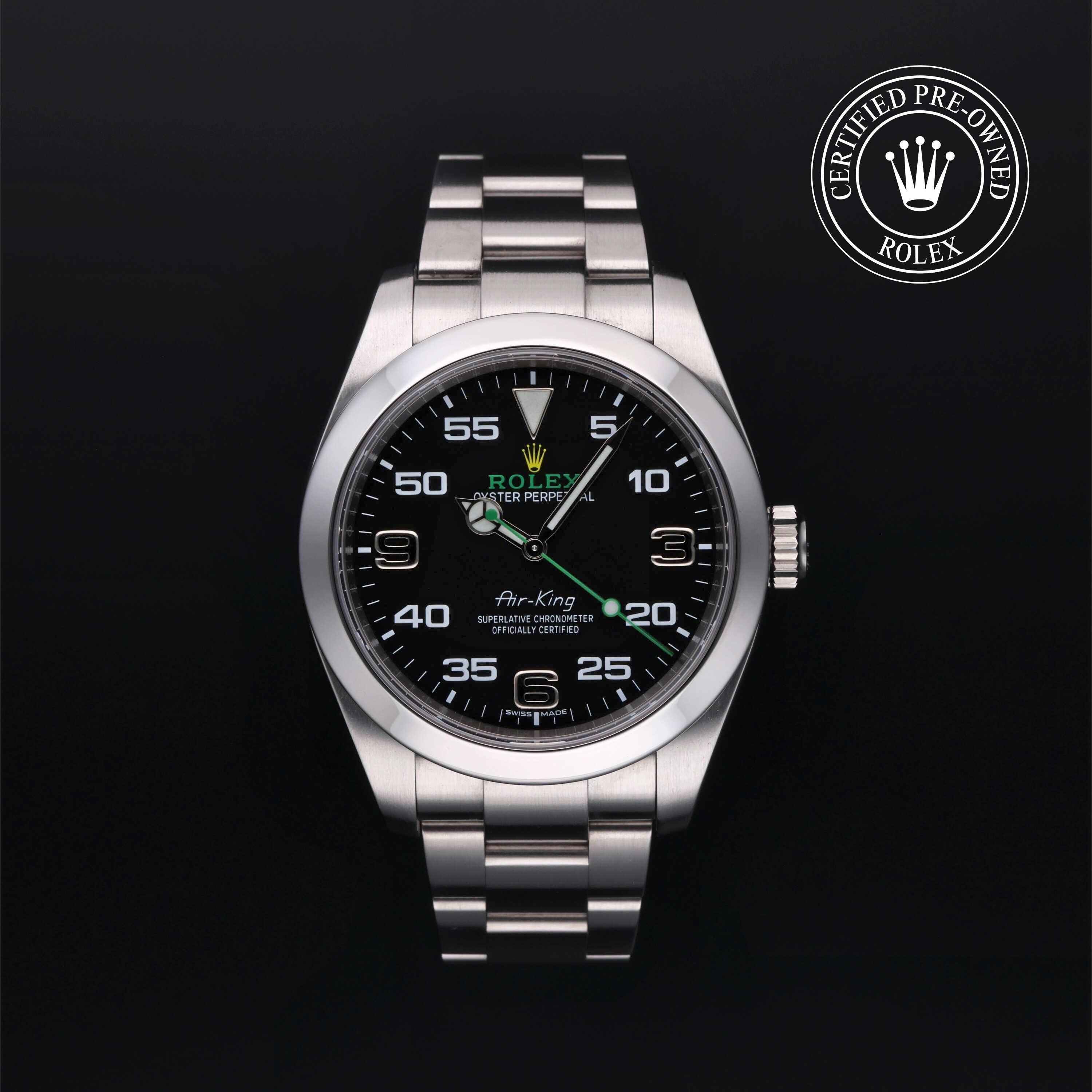 Rolex Certified Pre-owned Air-King M116900-0001 front on black background