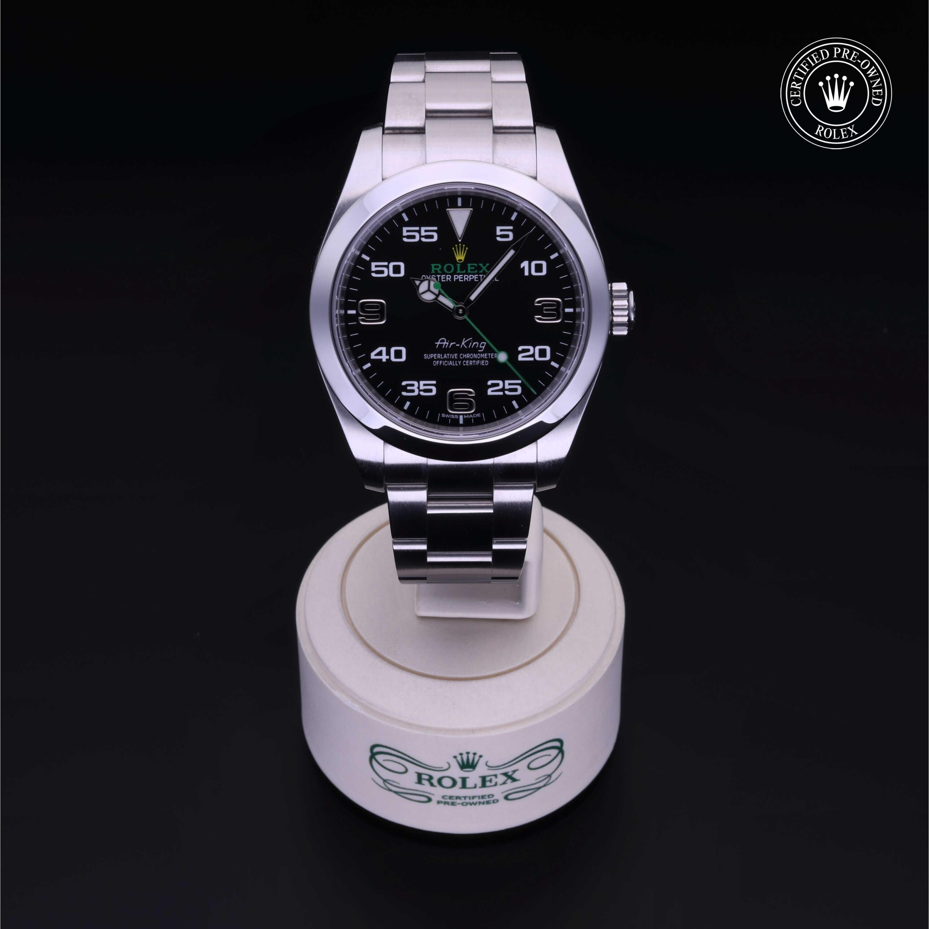 Rolex Certified Pre-owned Air-King M116900-0001 front on black background