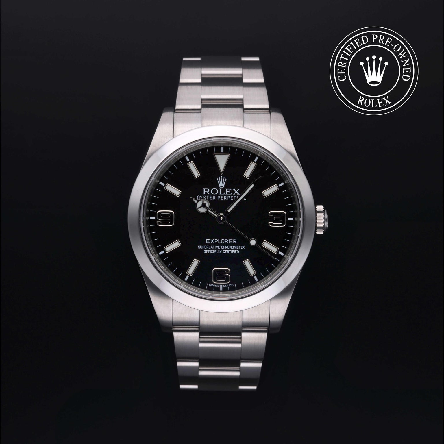 Rolex Certified Pre-owned Explorer M214270-0001 front on black background