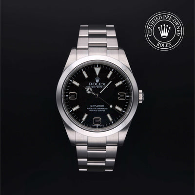 Rolex Certified Pre-owned Explorer M214270-0001 front on black background