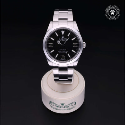 Rolex Certified Pre-owned Explorer M214270-0001 front on black background