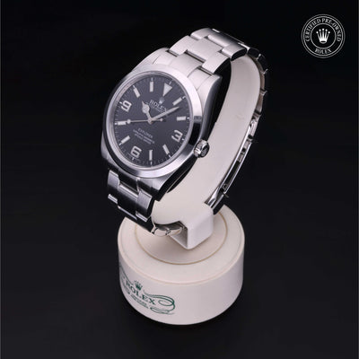 Rolex Certified Pre-owned Explorer M214270-0001 front on black background