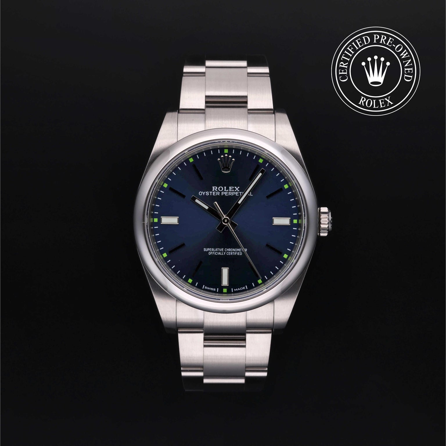 Rolex Certified Pre-owned Oyster Perpetual M114300-0003 front on black background