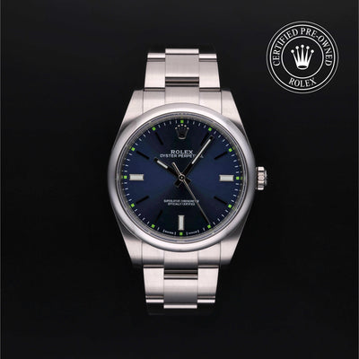 Rolex Certified Pre-owned Oyster Perpetual M114300-0003 front on black background