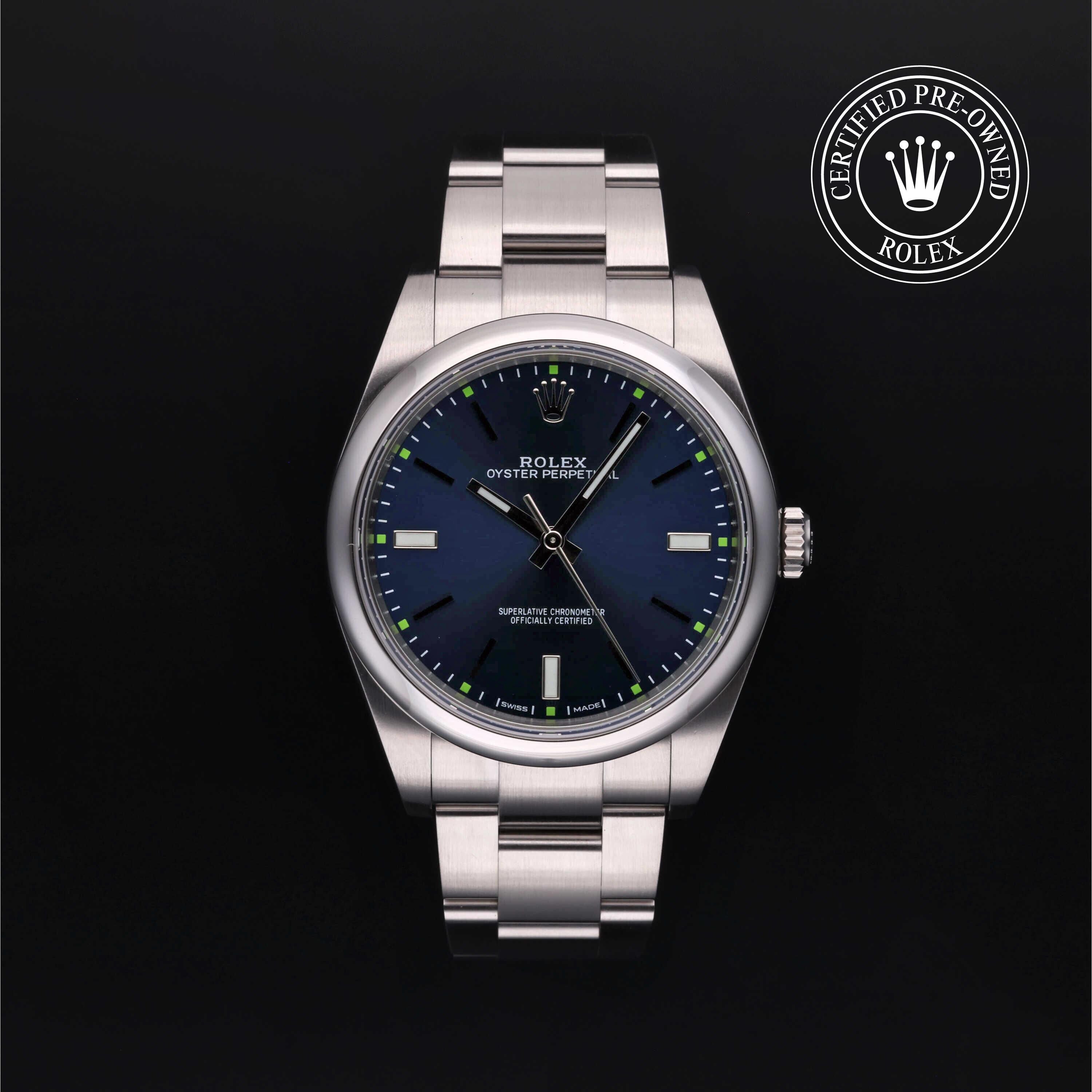 Rolex Certified Pre-owned Oyster Perpetual M114300-0003 front on black background