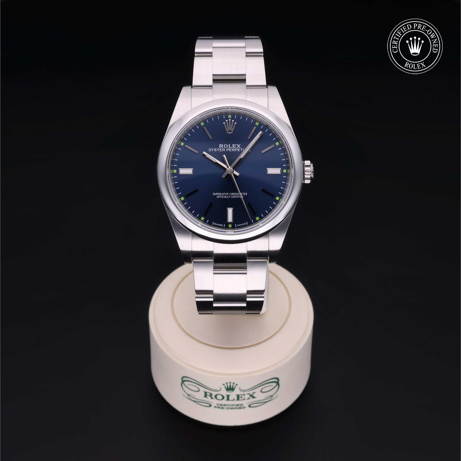 Rolex Certified Pre-owned Oyster Perpetual M114300-0003 front on black background