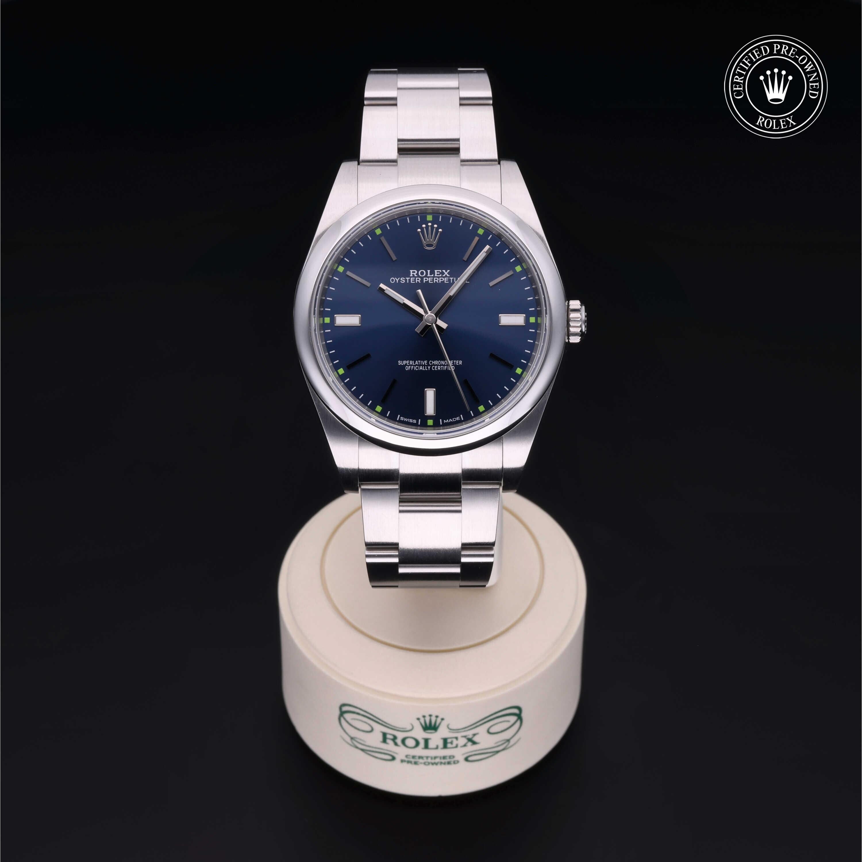 Rolex Certified Pre-owned Oyster Perpetual M114300-0003 front on black background