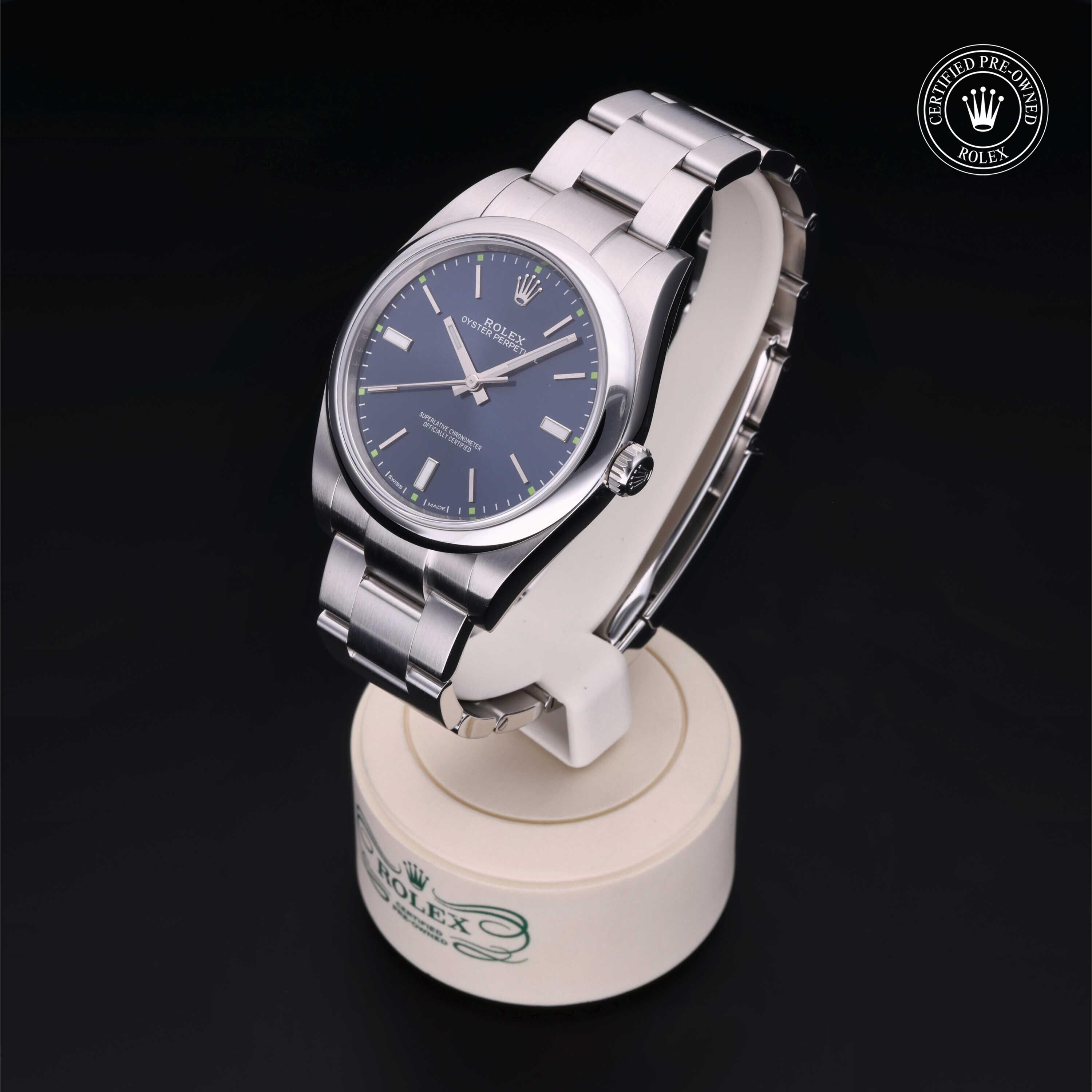 Rolex Certified Pre-owned Oyster Perpetual M114300-0003 front on black background
