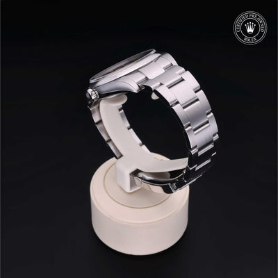 Rolex Certified Pre-owned Oyster Perpetual M114300-0003 front on black background