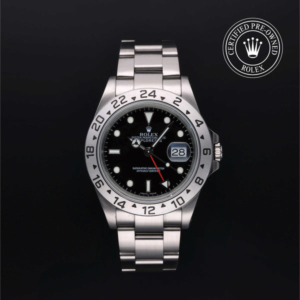 Rolex Certified Pre-owned Explorer M16570-0005 front on black background