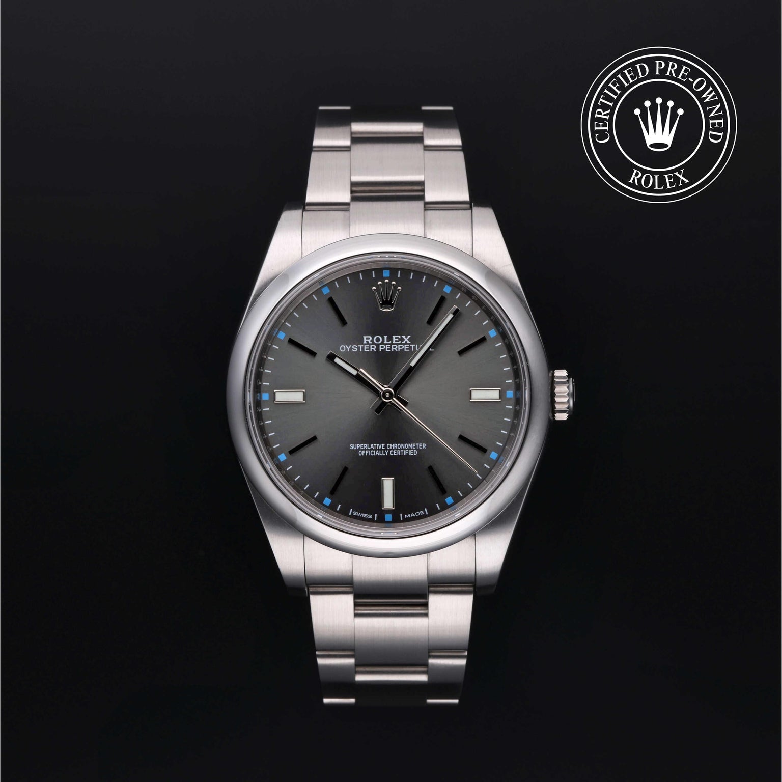 Rolex Certified Pre-owned Oyster Perpetual M114300-0001 front on black background
