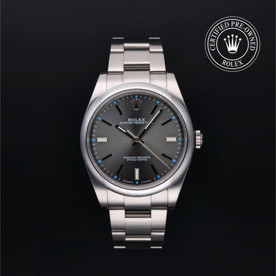 Rolex Certified Pre-owned Oyster Perpetual M114300-0001 front on black background