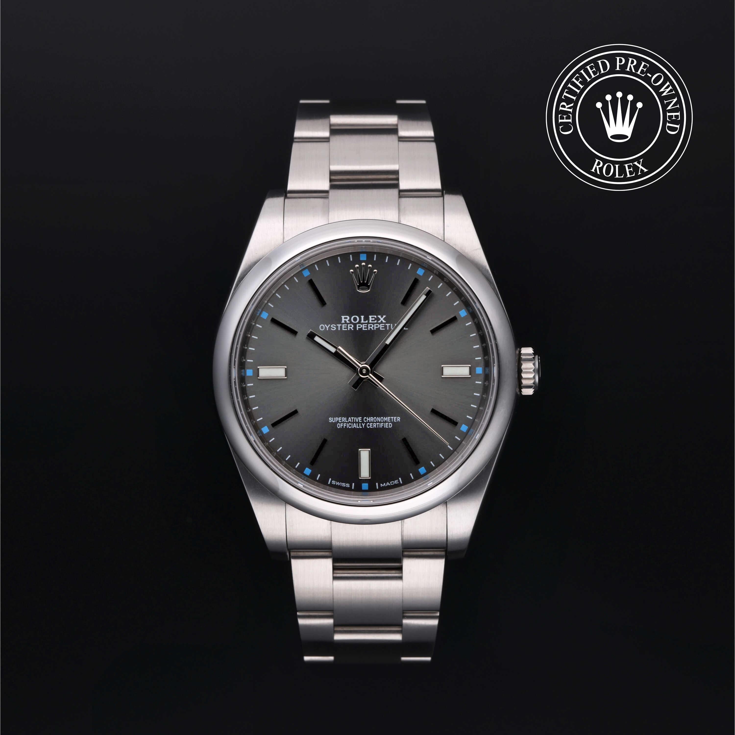 Rolex Certified Pre-owned Oyster Perpetual M114300-0001 front on black background