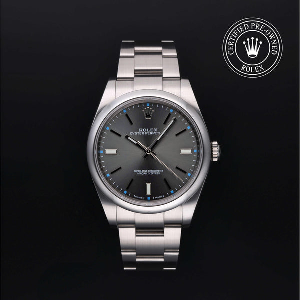 Rolex Certified Pre-owned Oyster Perpetual M114300-0001 front on black background