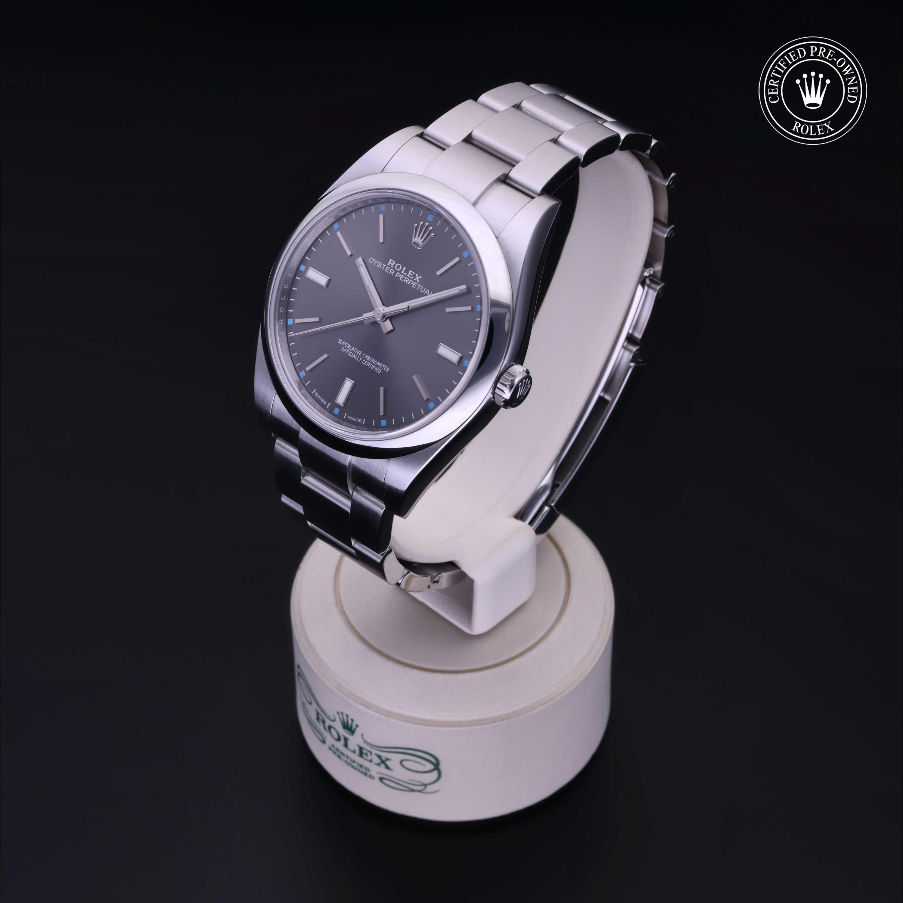 Rolex Certified Pre-owned Oyster Perpetual M114300-0001 front on black background