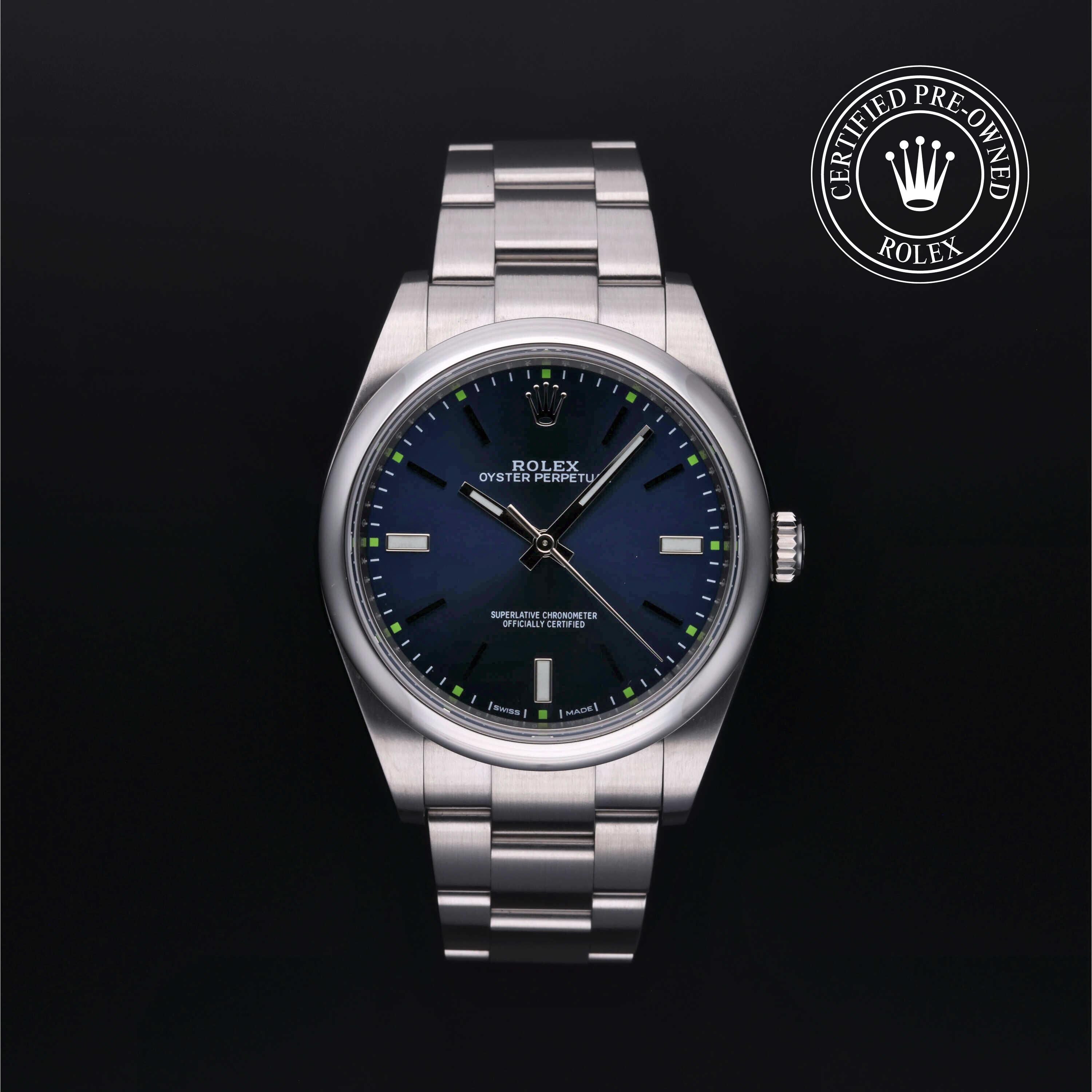 Rolex Certified Pre-owned Oyster Perpetual M114300-0003 front on black background