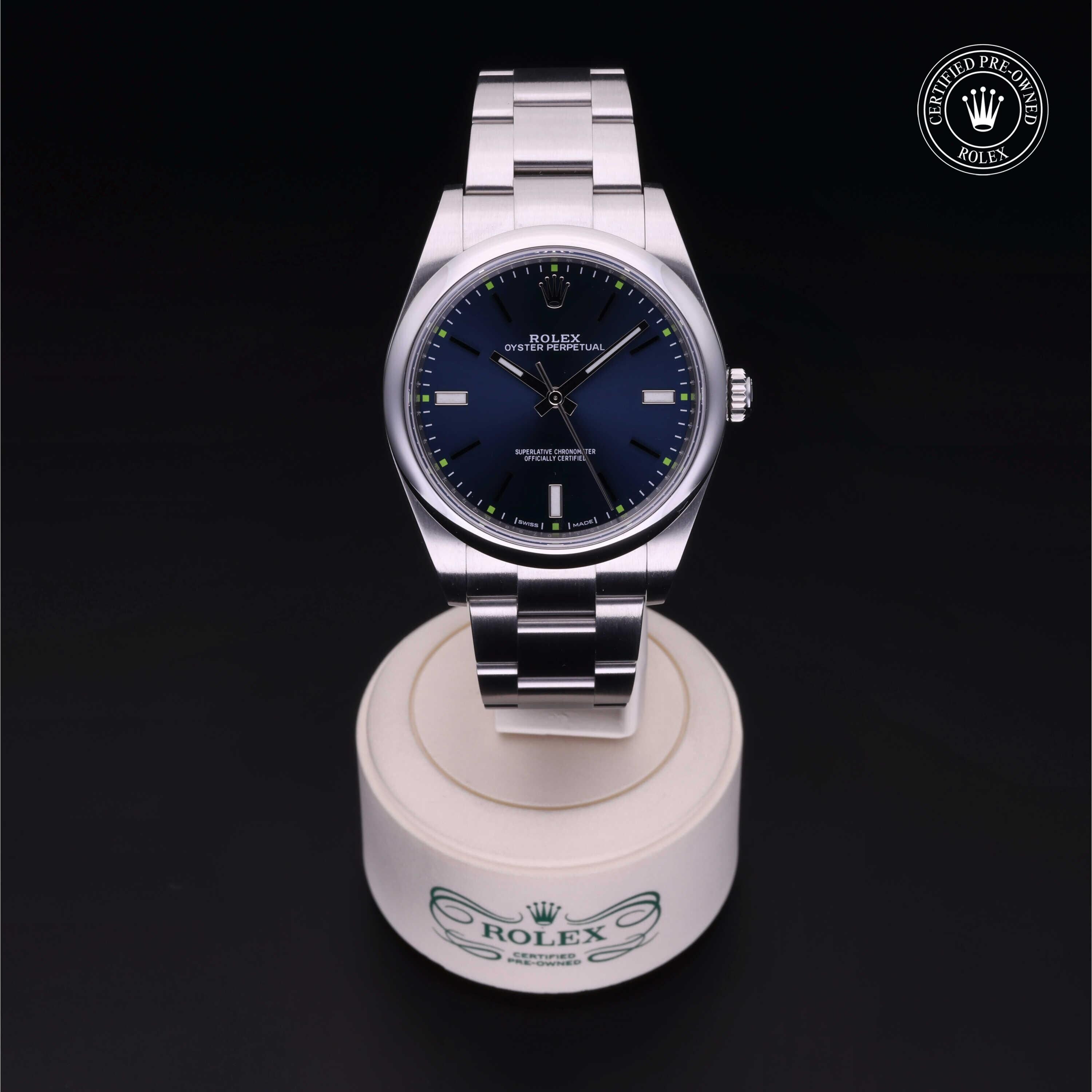 Rolex Certified Pre-owned Oyster Perpetual M114300-0003 front on black background