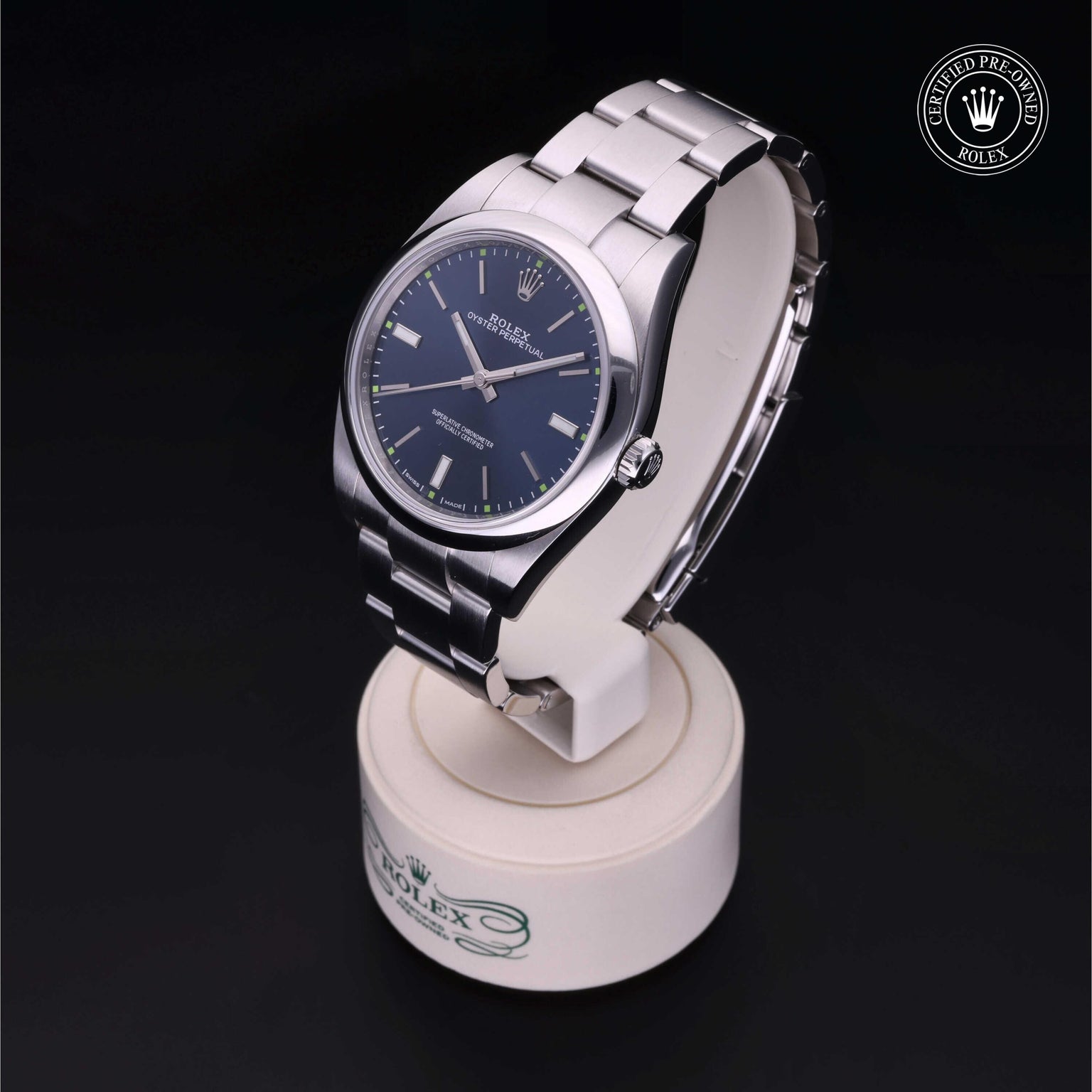 Rolex Certified Pre-owned Oyster Perpetual M114300-0003 front on black background