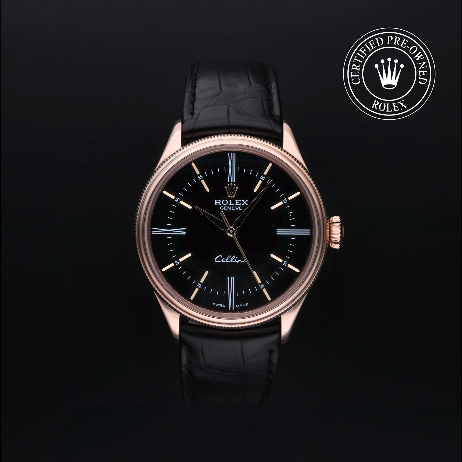 Rolex Certified Pre-owned Cellini M50505-0009 front on black background
