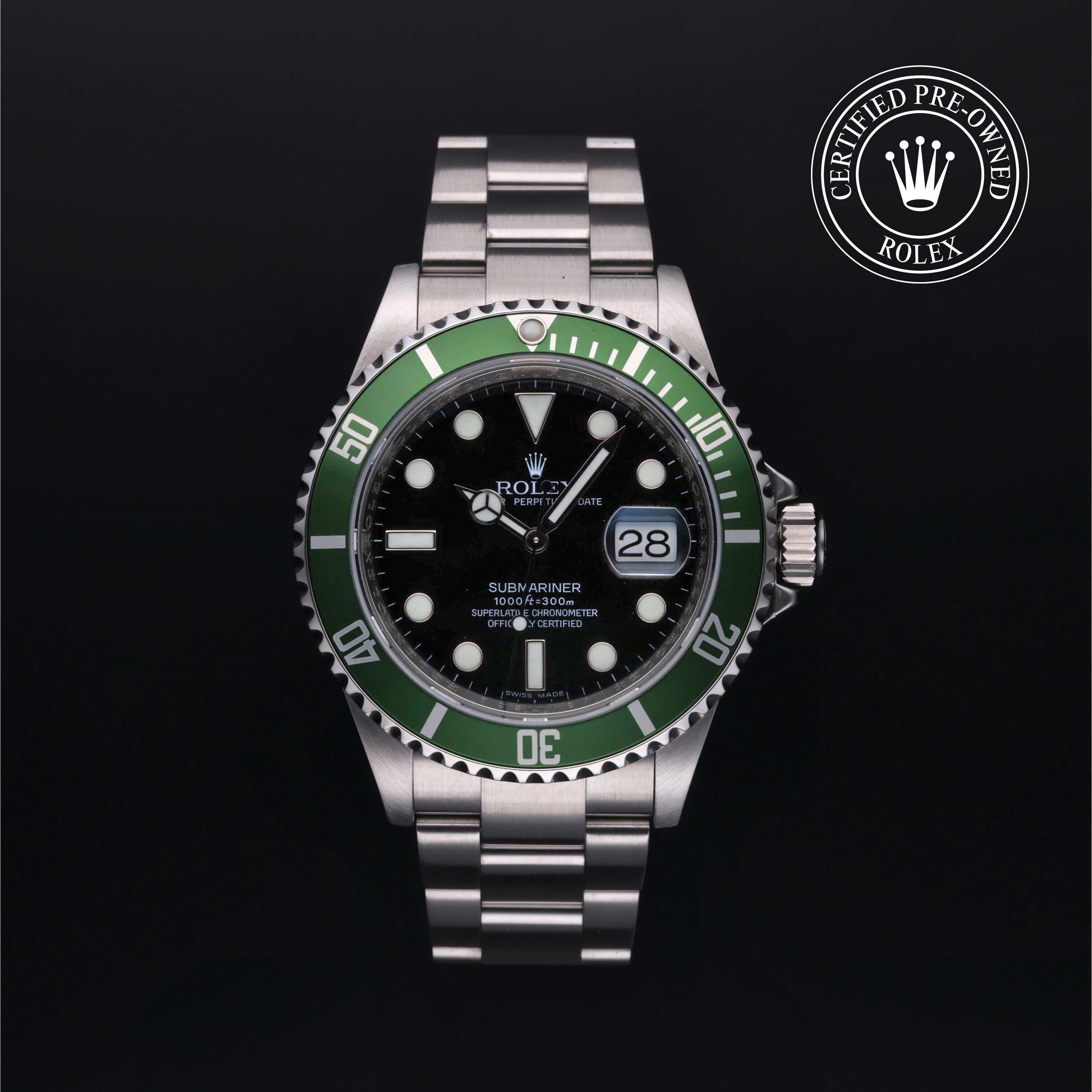 Rolex Certified Pre-owned Submariner M16610LV-0002 front on black background