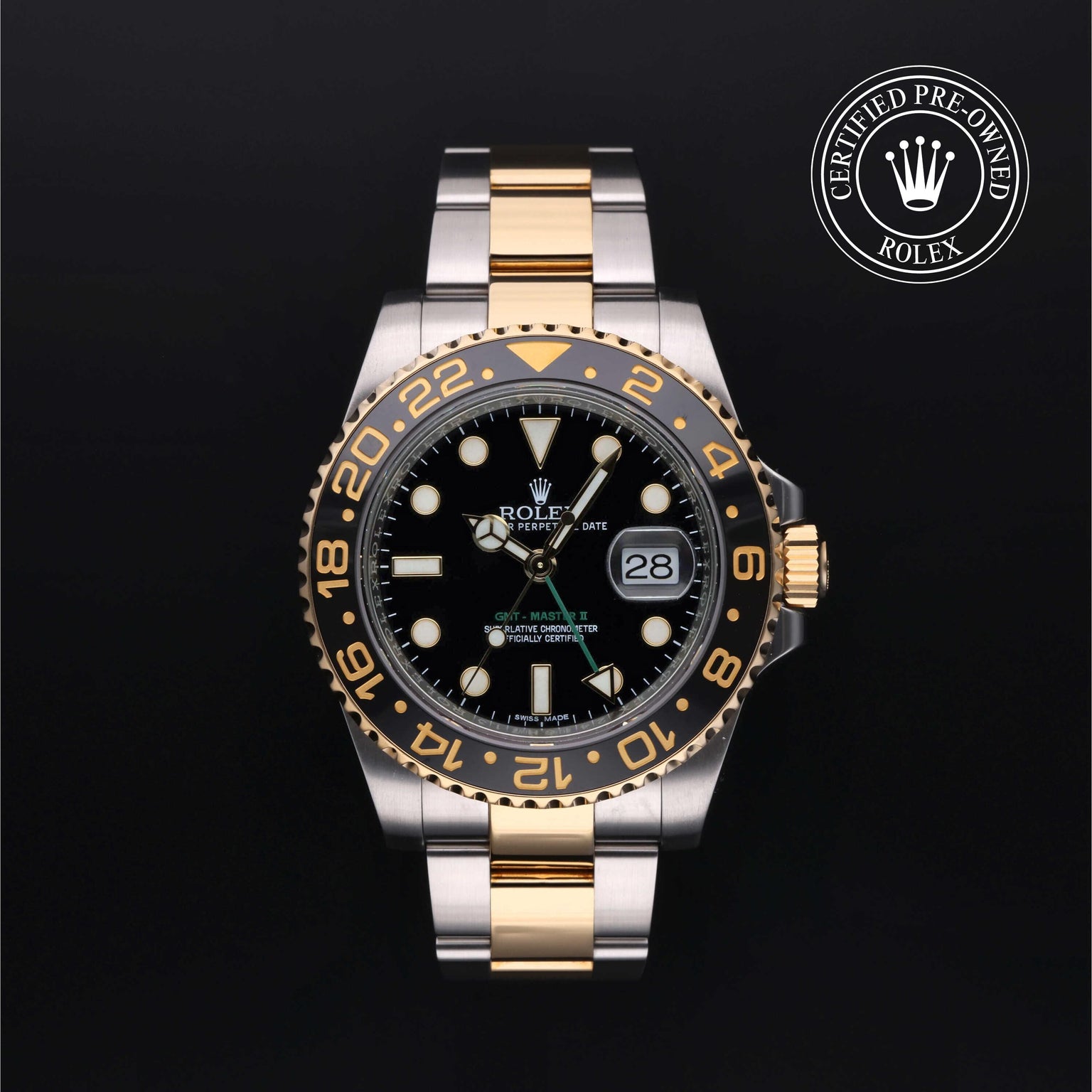 Rolex Certified Pre-owned GMT M116713LN-0001 front on black background
