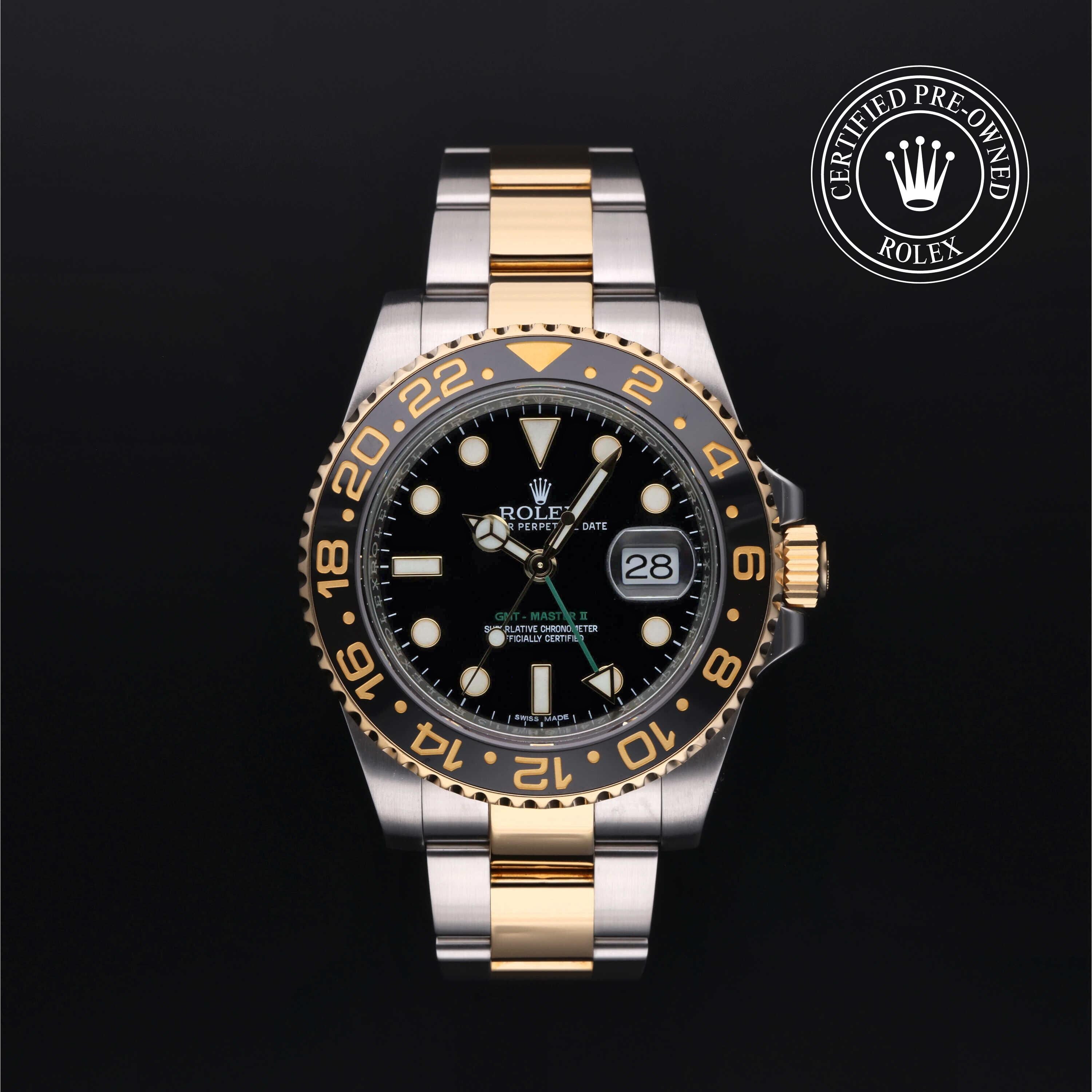 Rolex Certified Pre-owned GMT M116713LN-0001 front on black background