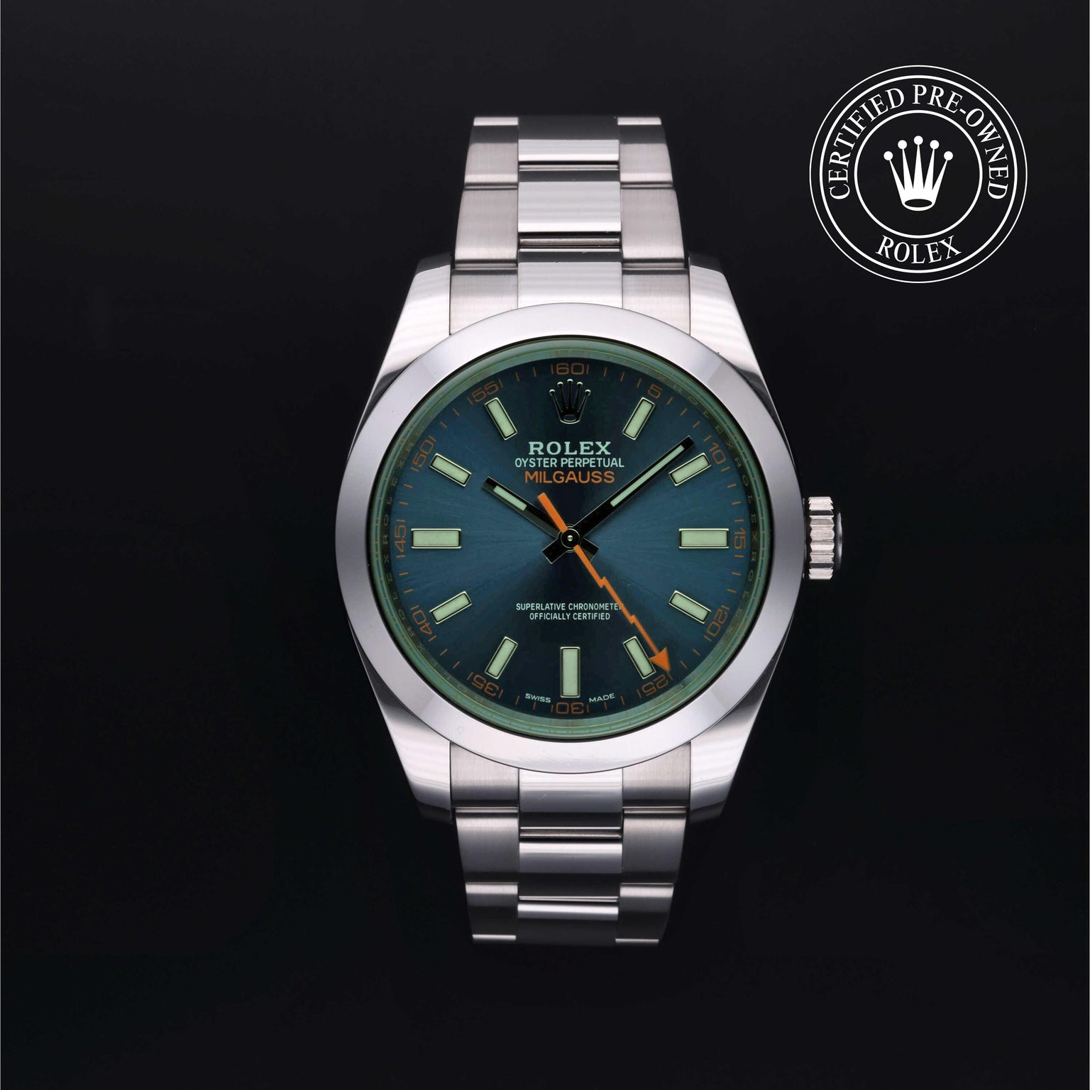 Rolex Certified Pre-owned Milgauss M116400GV-0002 front on black background