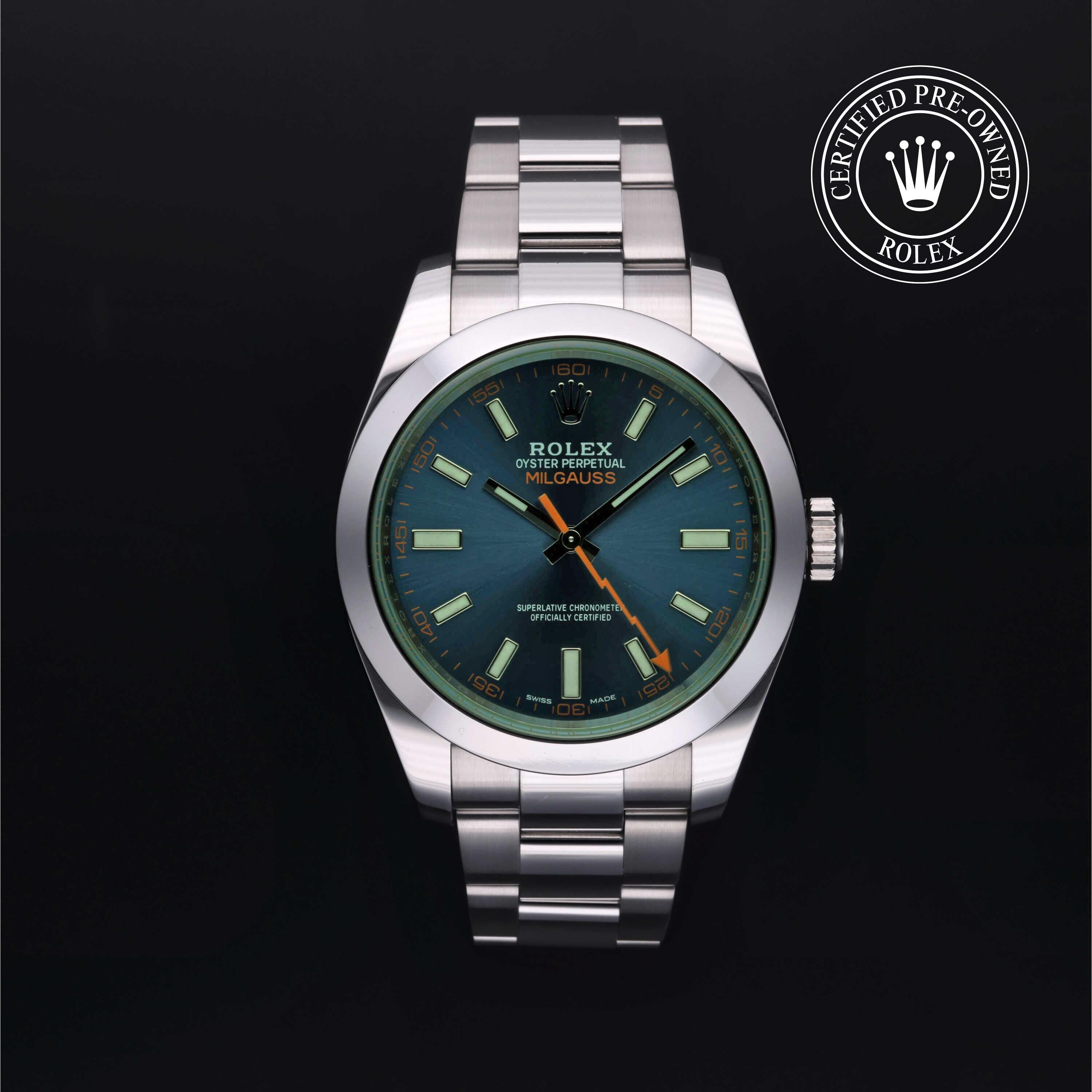 Rolex Certified Pre-owned Milgauss M116400GV-0002 front on black background