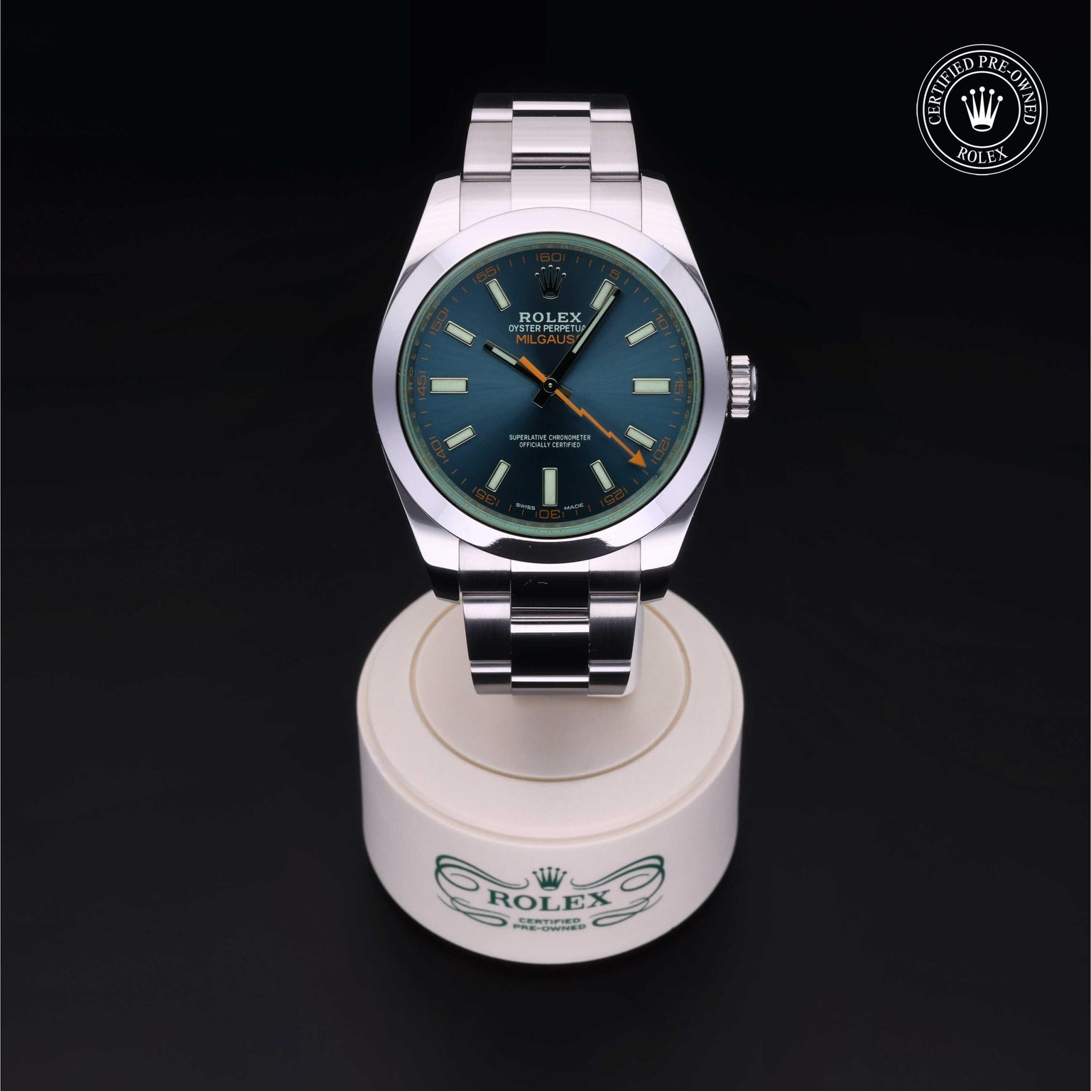 Rolex Certified Pre-owned Milgauss M116400GV-0002 front on black background