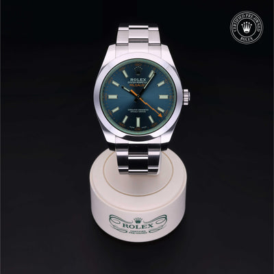 Rolex Certified Pre-owned Milgauss M116400GV-0002 front on black background