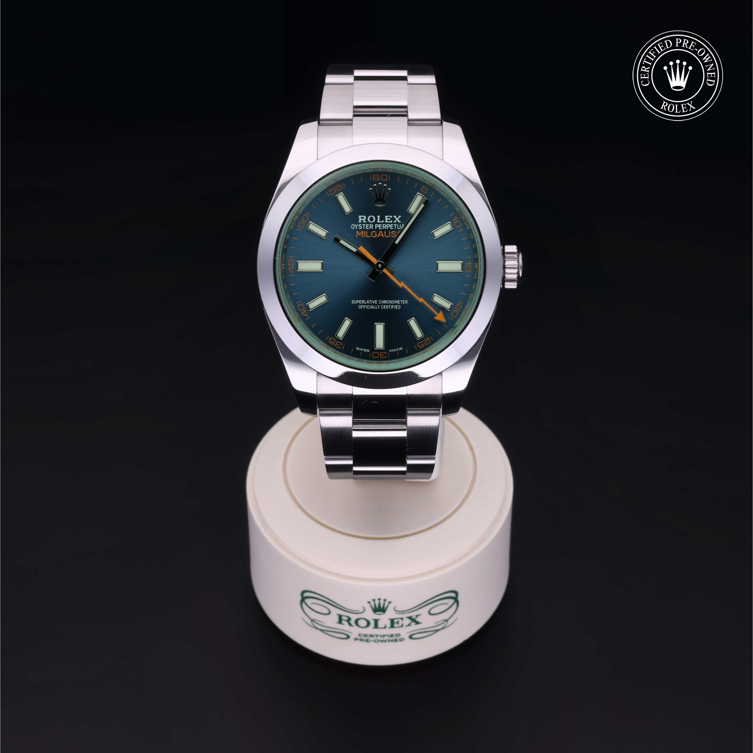 Rolex Certified Pre-owned Milgauss M116400GV-0002 front on black background