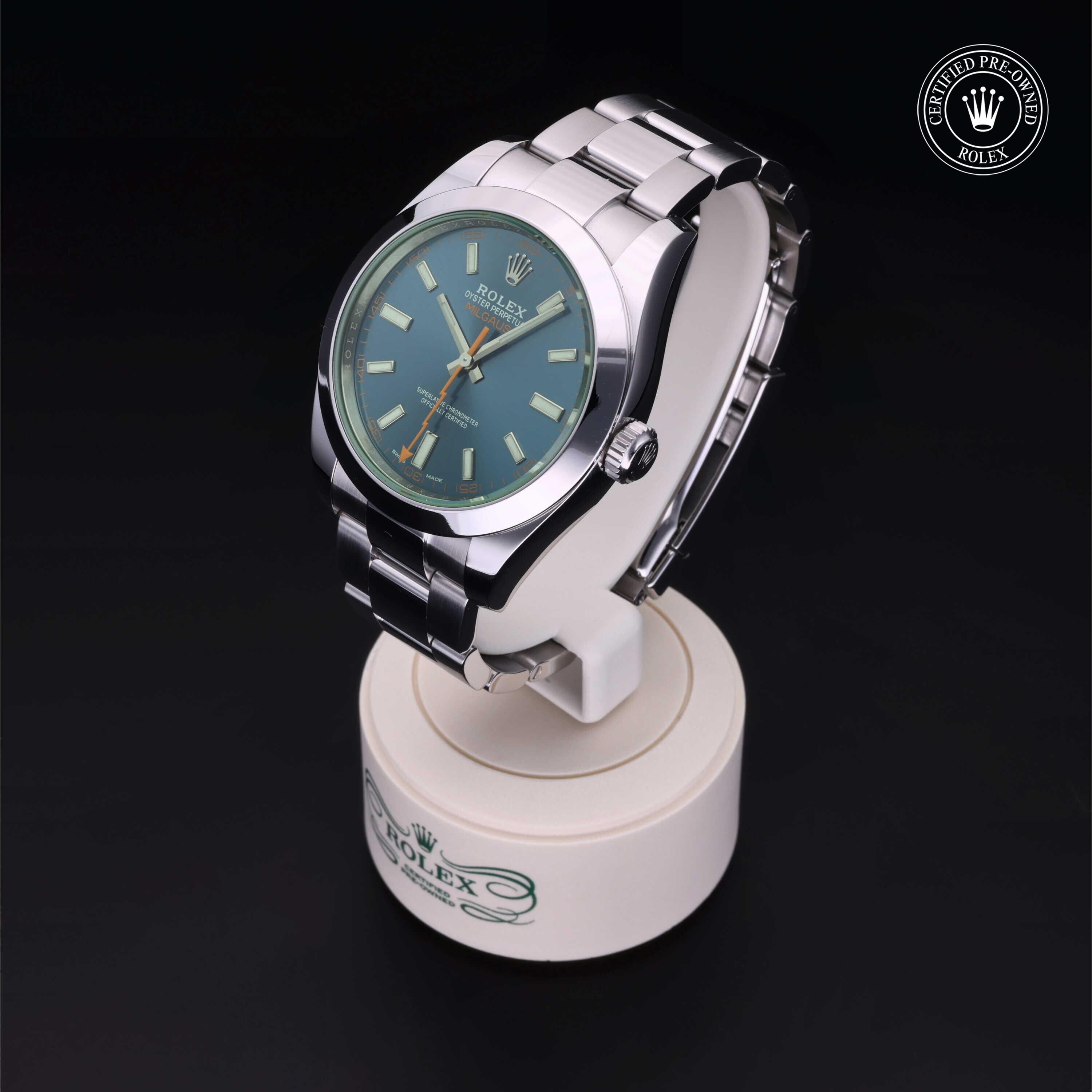 Rolex Certified Pre-owned Milgauss M116400GV-0002 front on black background